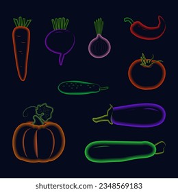 Set of garden vegetables, neon colors on dark background. Tomato, onion, pumpkin, eggplant, pepper, zucchini, carrot. Vector illustration.