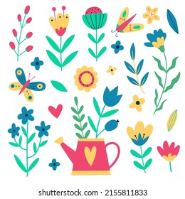 Set of garden watering can with flowers, herbs, leaves and insects. Vector hand drawn illustration. Cartoon flat style vector illustration. Summer garden illustration.