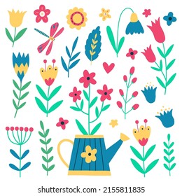 Set of garden watering can with flowers, herbs, leaves and insects. Vector hand drawn illustration. Cartoon flat style vector illustration. Summer garden illustration.