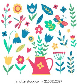 Set of garden watering can with flowers, herbs, leaves and insects. Vector hand drawn illustration. Cartoon flat style vector illustration. Summer garden illustration.