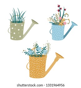 set of garden watering cans, with flowers