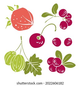 Set of garden and wild berries. Colorful paper cut collection of fruits and berries isolated on white background. Doodle hand drawn fruits. Vector illustration
