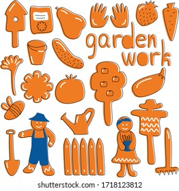 Set of garden work icons in simple forms. Cartoon collection of gingerbread isolated stickers on white background