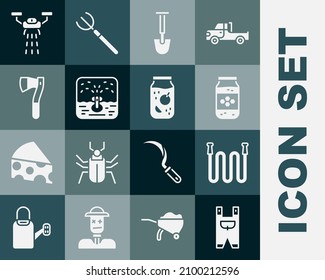 Set Garden worker clothes, hose, Jar of honey, Shovel, Automatic irrigation sprinklers, Wooden axe, Smart farm with drone and Jam jar icon. Vector