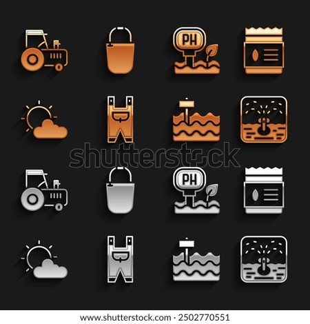 Set Garden worker clothes, Pack full of seeds of plant, Automatic irrigation sprinklers, bed, Sun and cloud weather, Soil ph testing, Tractor and Bucket icon. Vector