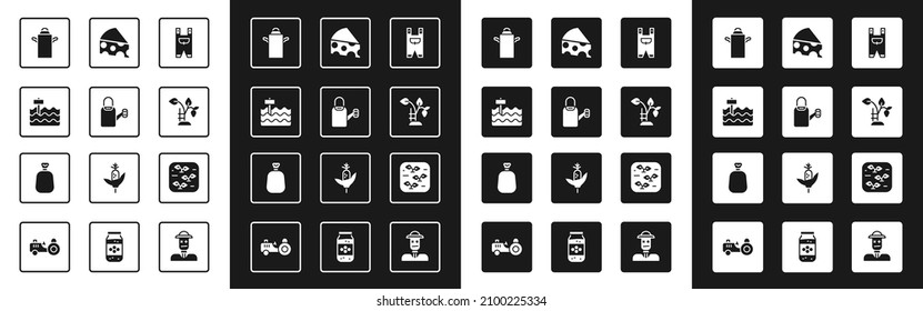 Set Garden worker clothes, Watering can, bed, Can container for milk, Strawberry bush, Cheese, Plant and Full sack icon. Vector