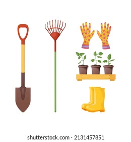 Set Garden working tools. Shovel, rake, rubber boots, gardening gloves, wooden box with seedlings. Equipment. Gardening, housekeeping. Vector illustration for poster, banner, cover, card