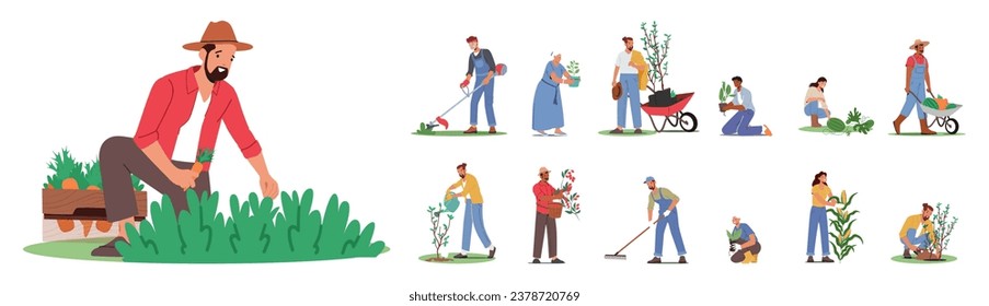 Set of Gardener Characters Nurture Nature Beauty. With Skillful Hands And Deep Connection To The Earth, They Cultivate Vibrant Landscapes, Growing Trees and Plants. Cartoon People Vector Illustration