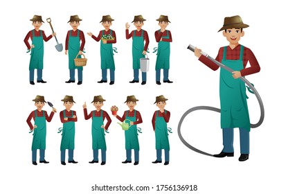 Set of gardener with different poses