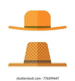 Set Of Gardener And Farmer Straw Hats. Cap Icons Isolated On White Background. Vector Illustration In Flat Design.