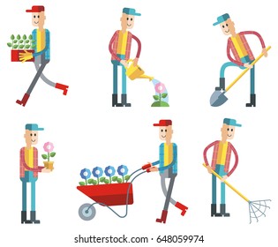Set of gardener figures working. Vector clip art.