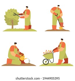 Set. A gardener in green overalls and an orange T-shirt is doing gardening. Stylish vector illustration in flat cartoon style. Gardening. Summer.