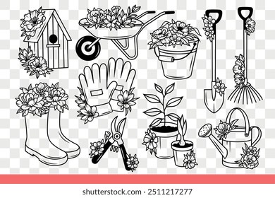 Set for gardener growing plants and caring for flower bed in backyard. Flowers near birdhouse and boots for gardener or planter with bucket and rake for working in greenhouse. Hand drawn.