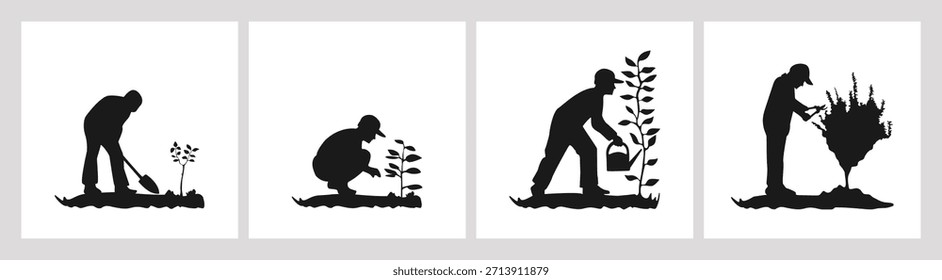 Conjunto de siluetas de jardinero trabajando en el patio trasero