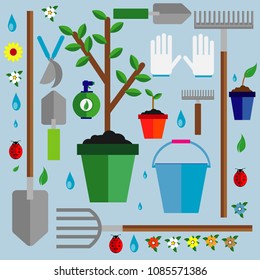 Set gardener: tools, buckets, shovels, rakes, gloves, seedlings. Vector illustration.