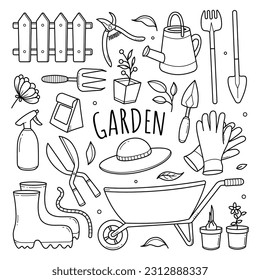 Set of Gardener Tools in Doodle Style. Gardening and horticulture Outline vector Illustration