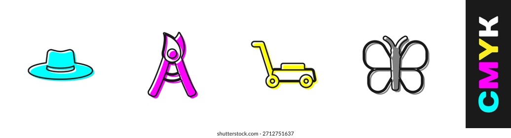 Conjunto Sombrero de trabajador de jardinero, tijeras hechas a mano de jardinería, cortadora de césped e icono de mariposa. Vector