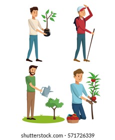 set gardeners man tree plant and hiking