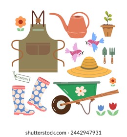 Conjunto de accesorios de jardinería: delantal, regadera, botas de goma altas, carrito de jardín en una rueda, sombrero de sol, plántulas, flores. Ilustración linda de la granja del vector sobre fondo aislado blanco en estilo plano.