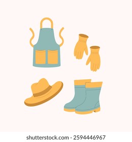 A set of gardening accessories, including an apron, gloves, rubber boots, and a straw hat. Perfect for gardening, agriculture, outdoor work, and hobby-related projects.
