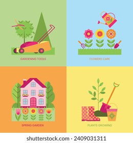 Set of gardening backgrounds with house, flowers, trees, lawn mower,  scissors, watering can, boots, shovel. Gardening tools and works.