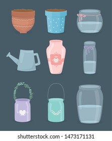 set of gardening containers icons