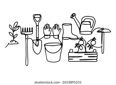 A set of gardening and crafting items hand-drawn in one line.