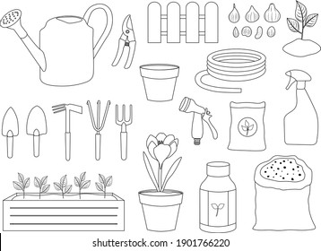 Set gardening elements black and white vector illustration. Garden tools.