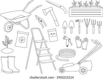 Set gardening elements black and white vector illustration. Garden tools.