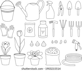 Set gardening elements black and white vector illustration. Garden tools.