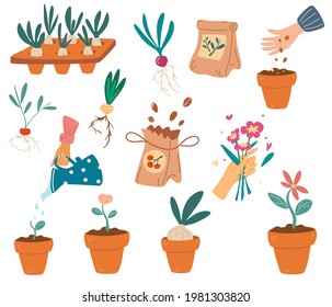 Set of Gardening elements. Cute garden work elements: tools, seeds, flower pot, watering can. Images for gardener farm. Agriculture tools. Flat cartoon vector illustration.