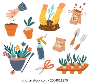 Set of Gardening elements. Cute garden work elements: tools, seeds, flower pot, rake shovel and a cart with flowers. Images for gardener farm. Agriculture tools. Flat cartoon vector illustration.