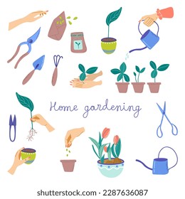 Set of Gardening elements. Seeds, plants, tools and DIY activities. Home gardening and plant care concept. Hand drawn vector clipart.