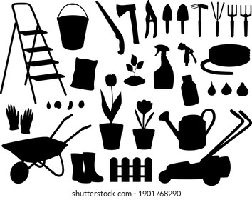 Set gardening elements silhouettes vector illustration. Garden tools.