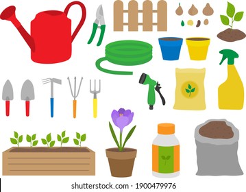 Set gardening elements vector illustration. Garden tools. 