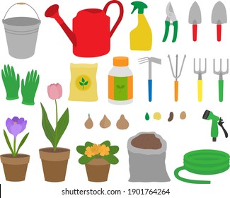 Set gardening elements vector illustration. Garden tools. 