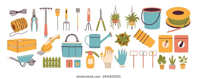 Set of gardening equipment. Rope, pruner, rake, shovel, hose, wheelbarrow, seeds and more. Vector illustration.