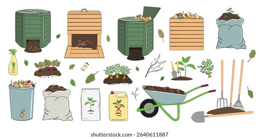 Set of gardening equipment and tools, organic waste, fertilizers, wood and plastic composters. Farming and agriculture. Hand drawn vector illustration.