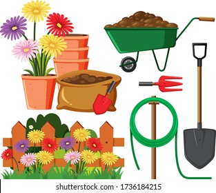 Set of gardening equipments and flowers on white background illustration