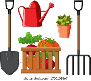 Set of gardening equipments on white background illustration
