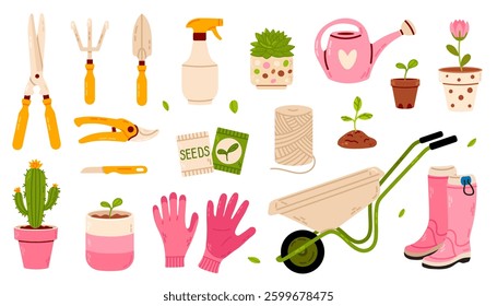 A set of gardening essentials, including pruners, gloves, watering cans, potted plants, seed packets, and a wheelbarrow. A perfect illustration for gardening projects and home decor.