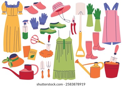 Set of gardening essentials, including tools, gloves, seeds,gardening dress,boots. Agriculture tools and accessories. 