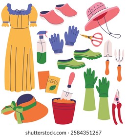 Set of gardening essentials, including tools, gloves, seeds,gardening dress,boots. Agriculture tools and accessories. 