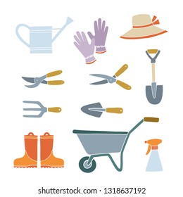 Set of gardening essentials - tools and equipment for yard work. Boots, hat, watering can, gloves, etc. Vector illustration. Isolated elements on white background 