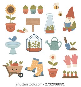 A set of gardening graphics including a smiling sunflower, wheelbarrow full of vegetables, yellow rain boots, watering can, birdbath, and a gnome reading a book.