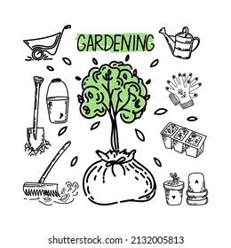 Un conjunto de jardinería, con elementos de doodle dibujados a mano. Plantando árboles jóvenes. Trabajar en el jardín. Herramientas para el jardín. Estilo simple de vector lineal para logotipos, iconos y emblemas.