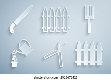 Set Gardening handmade scissor, fork, Watering can, fence,  and saw icon. Vector