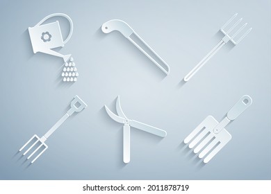 Set Gardening handmade scissor, pitchfork, saw and Watering can icon. Vector