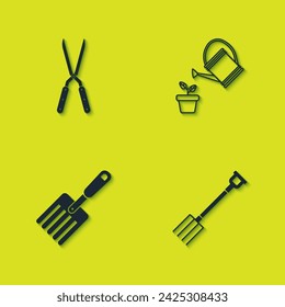 Set Gardening handmade scissor, pitchfork,  and Watering can icon. Vector