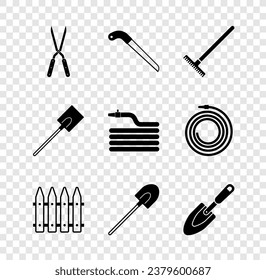 Set Gardening handmade scissor, saw, rake, fence, shovel, trowel spade,  and hose fire hose icon. Vector